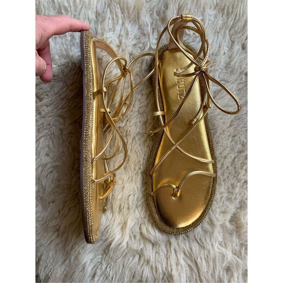 SCHUTZ Kittie Crystal Embellished Metallic & Nappa Leather Wraparound Flat Sanda - Picture 7 of 12